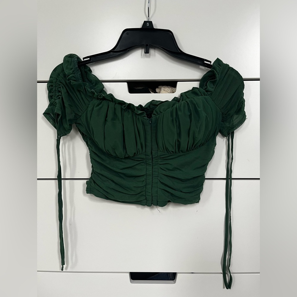 Dark Green Ruched Off-Shoulder Crop Top